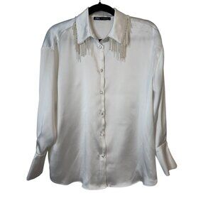 2/$30 Zara XS White Satin Blouse Dangling Pearl Fringe Collar